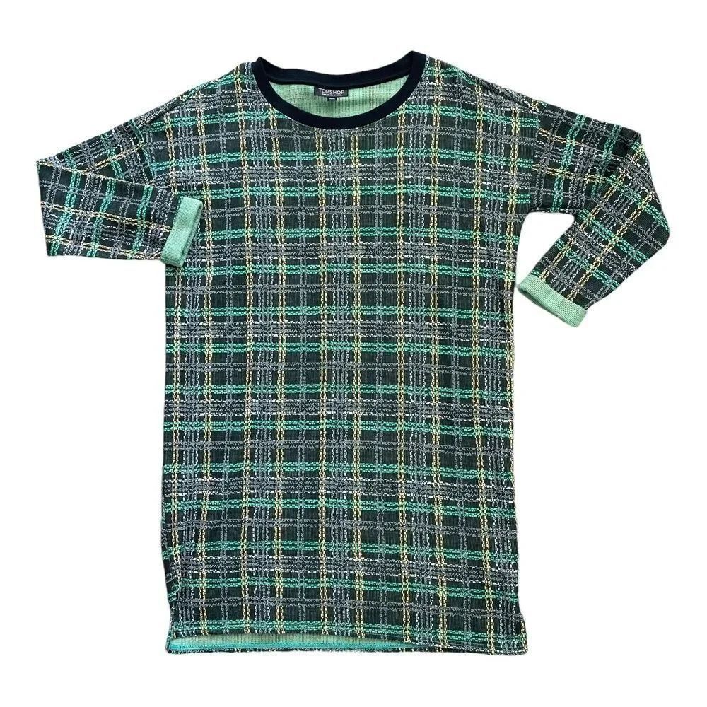 TOPSHOP Womens Mini Dress Tartan Green Yellow Plaid Long Sleeve Shift 4